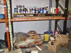 Contents of 2 shelves, including; Rock Salt on pallet & various Tins of Paint