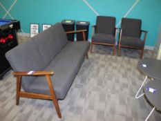 Wooden Mid-Century Style 3-seat Sofa & 2 Chairs, grey upholstery