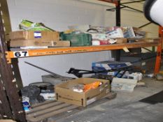 Contents of 2 shelves, including; Tile Cutters, Grout, Adhesive & Carpet Tiles