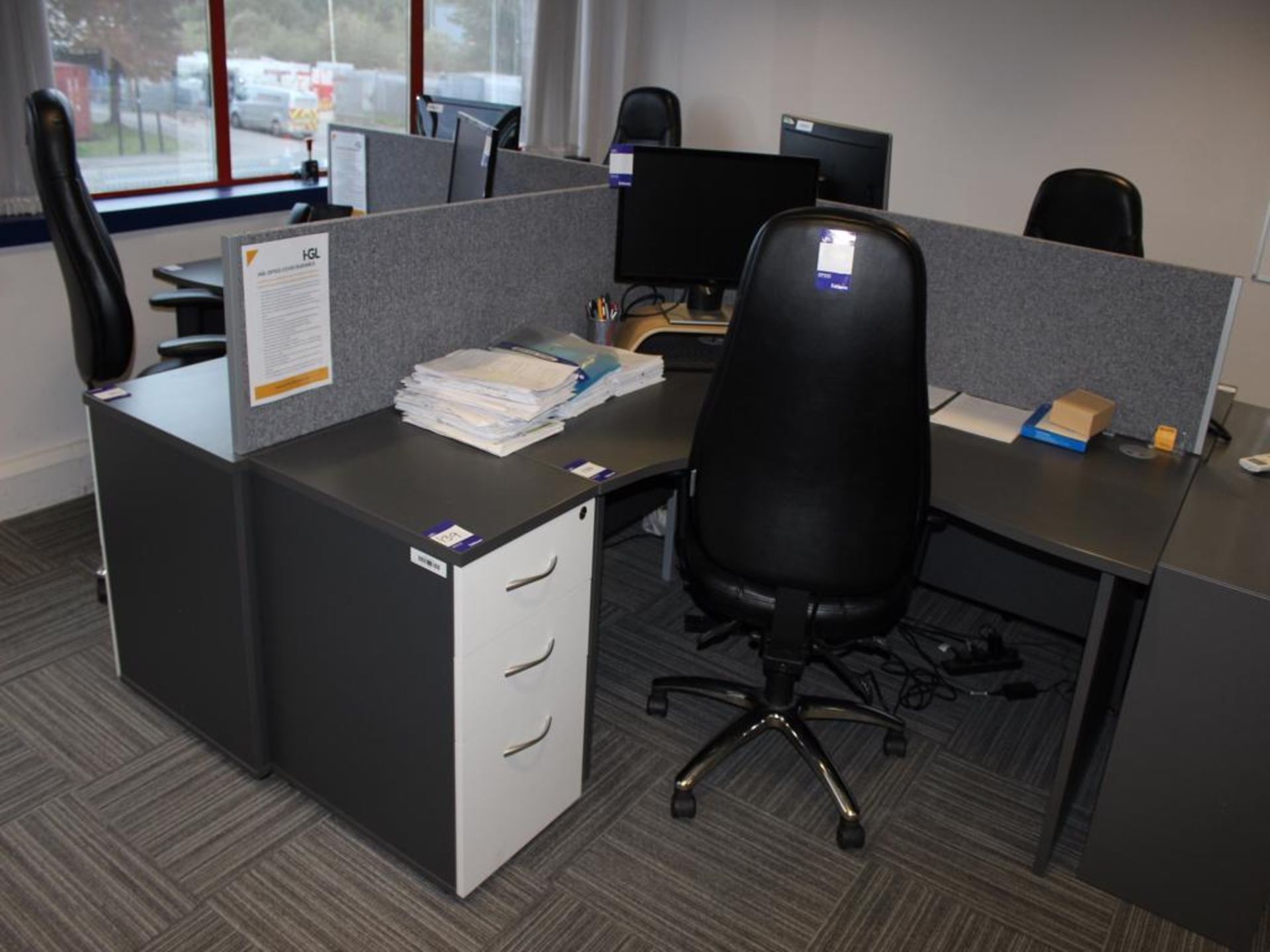 4 Workstations, to include; Chairs & Pedestals (monitors not included)