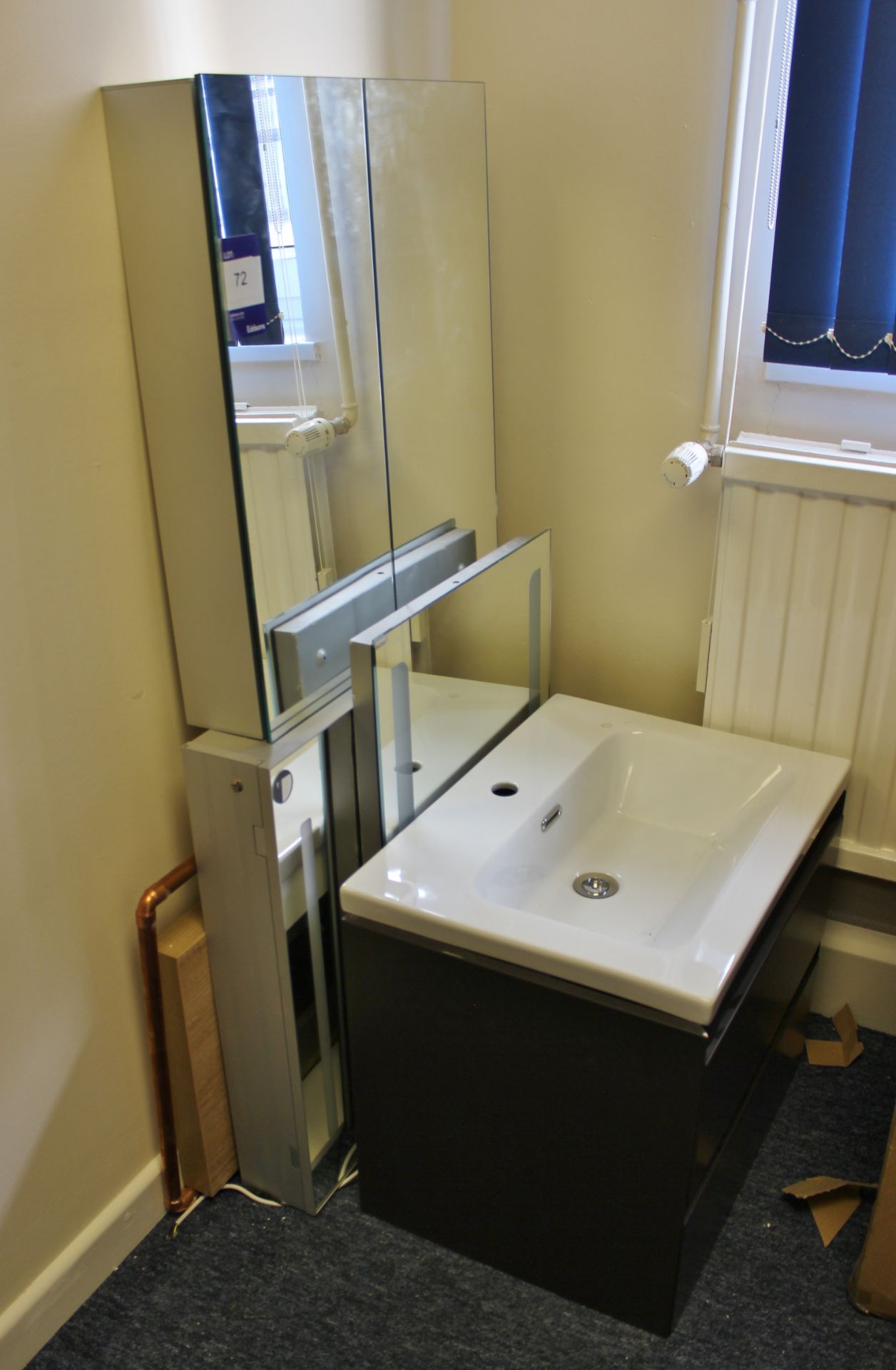 Ex-display ceramic sink bowl, with floating 2 drawer brown / grey unit, and 2 mirrored cabinets