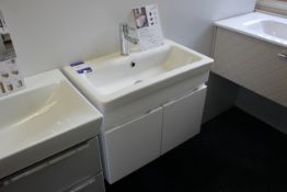 Ceramic sink (600W x 350D) with double door floating vanity unit, gloss white, and chrome tap