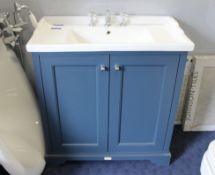 Large ceramic bason vanity unit in grey, with double door soft closing cabinet, chrome taps included