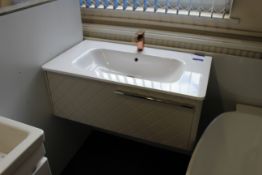 Plastic sink and single drawer floating vanity unit, light grey, 900W x 520D, and bronze effect tap