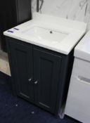 Vanity unit with Space Saver ceramic sink (600 W x 860 H x 490D) oak grey, with double drawer unit