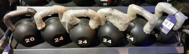 6 x unbadged kettle bells to include; 1 x 20kg & 5 24kg