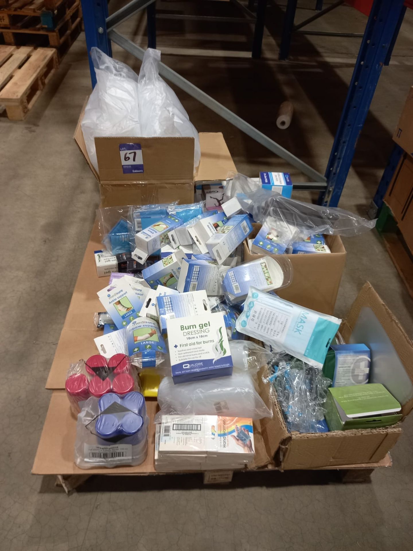 Contents of pallet to include Medisure limb supports, hand warmers, heat sprays and eye wash