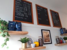 3 Blackboards & Contents of Four Shelves to include Lavazza Coffee Beans, Storage Jars, Ornaments