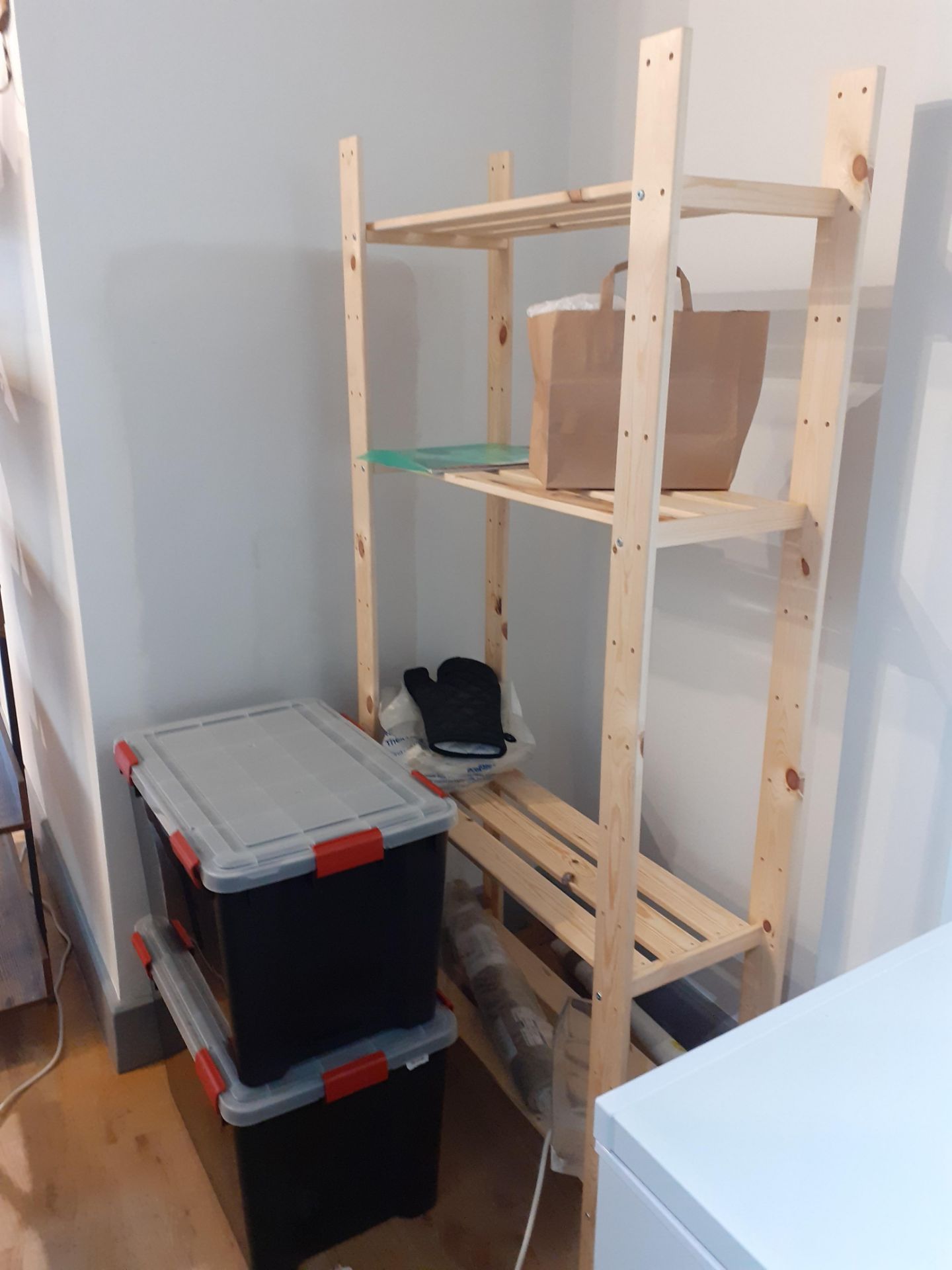 Timber Shelving Unit & 3 Plastic Storage Boxes