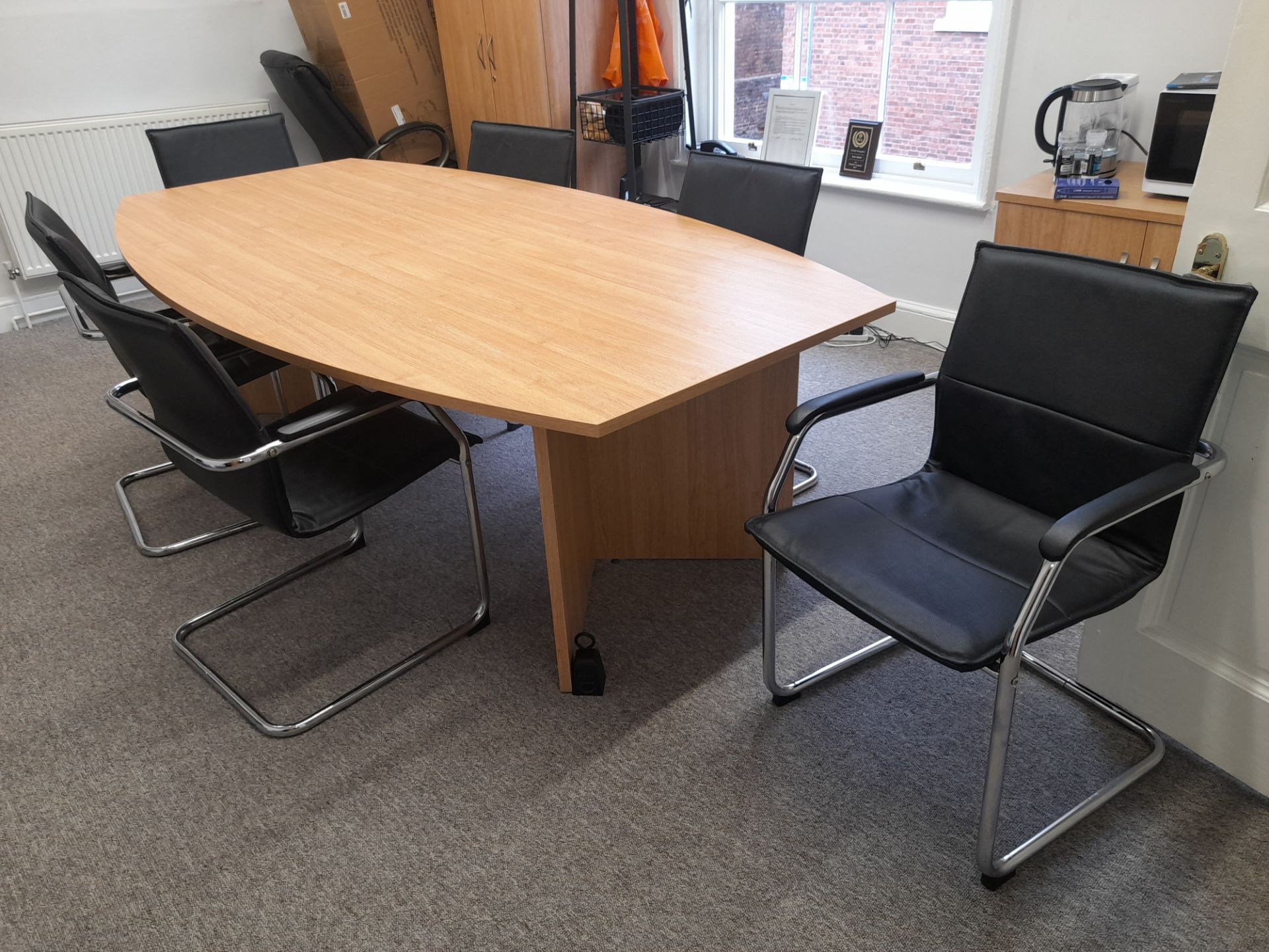 8 person wooden boardroom table, with 8 - Black faux leather boardroom armchairs (collection from - Image 2 of 3