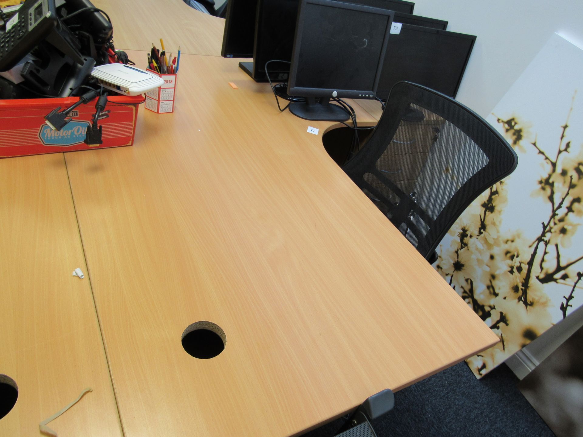 Left Hand Radius Beech Effect Desk with Chair and Desk High Pedestal – (Located in York) - Image 3 of 3