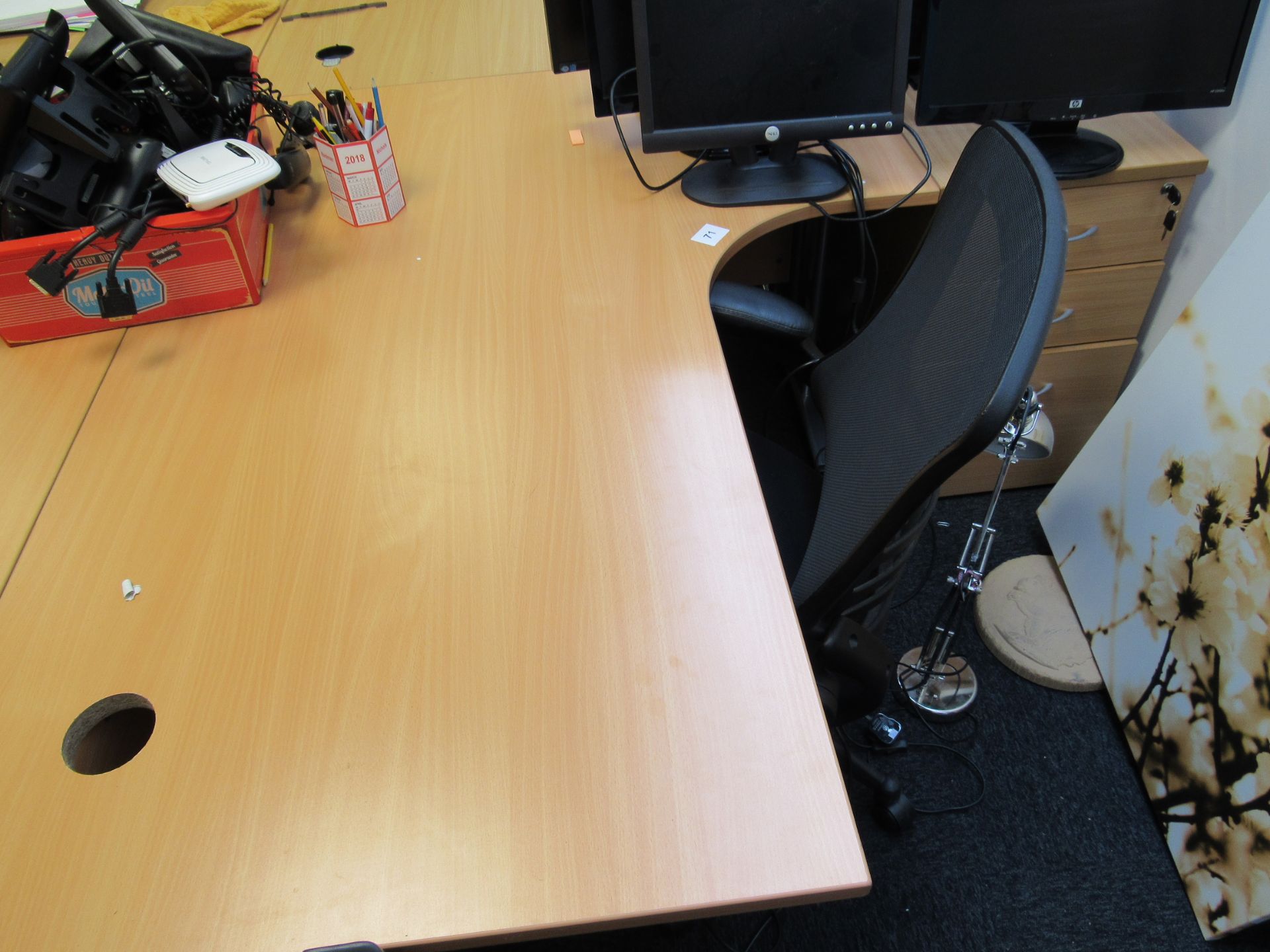 Right Hand Radius Beech Effect Desk with Chair and Desk High Pedestal – (Located in York) - Image 2 of 2