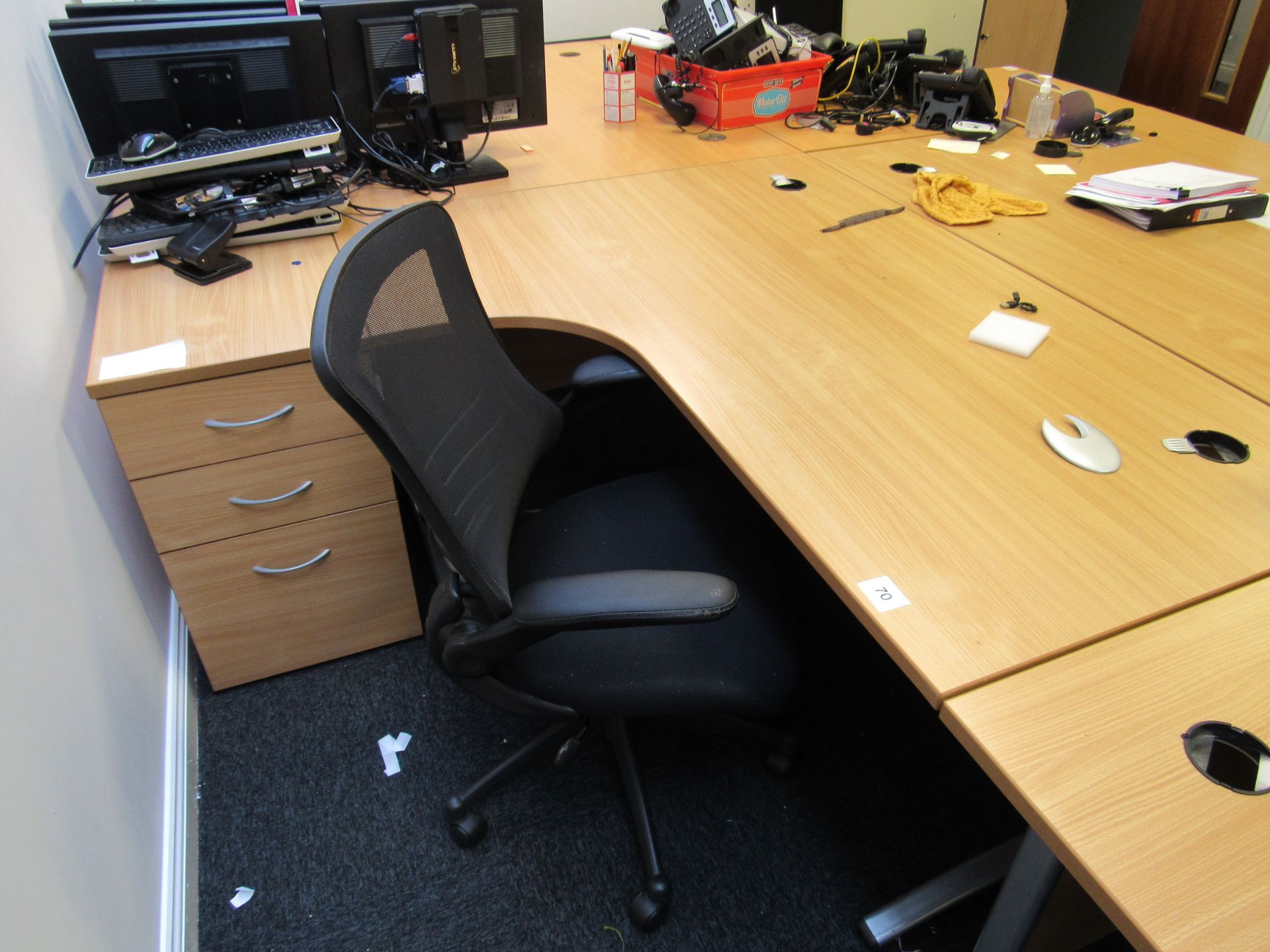 Left Hand Radius Beech Effect Desk with Chair and Desk High Pedestal – (Located in York) - Image 2 of 3