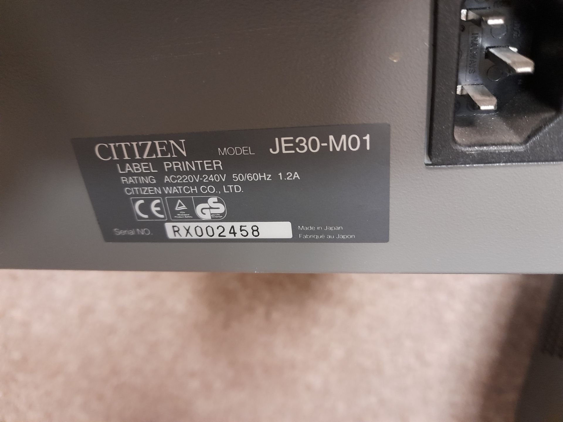 Citizen CLP-7202e / JE30-M01 label printer, Serial Number: RX002458 - Image 2 of 2