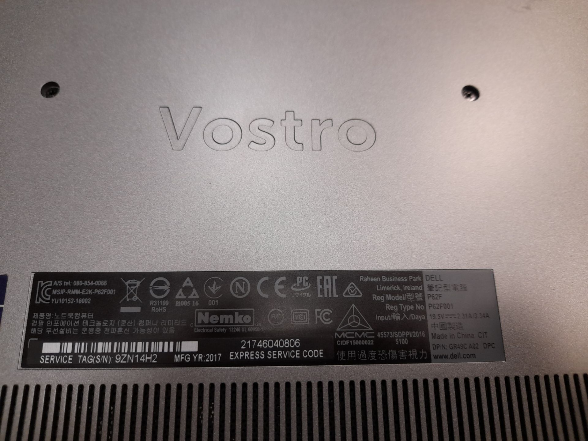 Dell Vostro P62F laptop, with Intel Core i5 7th Gen, Serial Number: 9ZN14H2, Year: 2017 - Image 2 of 3
