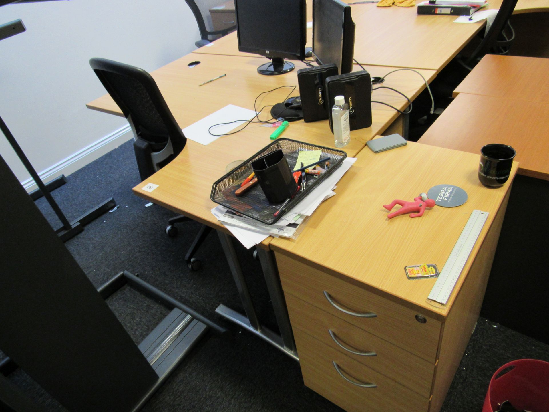 Right Hand Radius Beech Effect Desk with Chair and Desk High Pedestal – (Located in York)