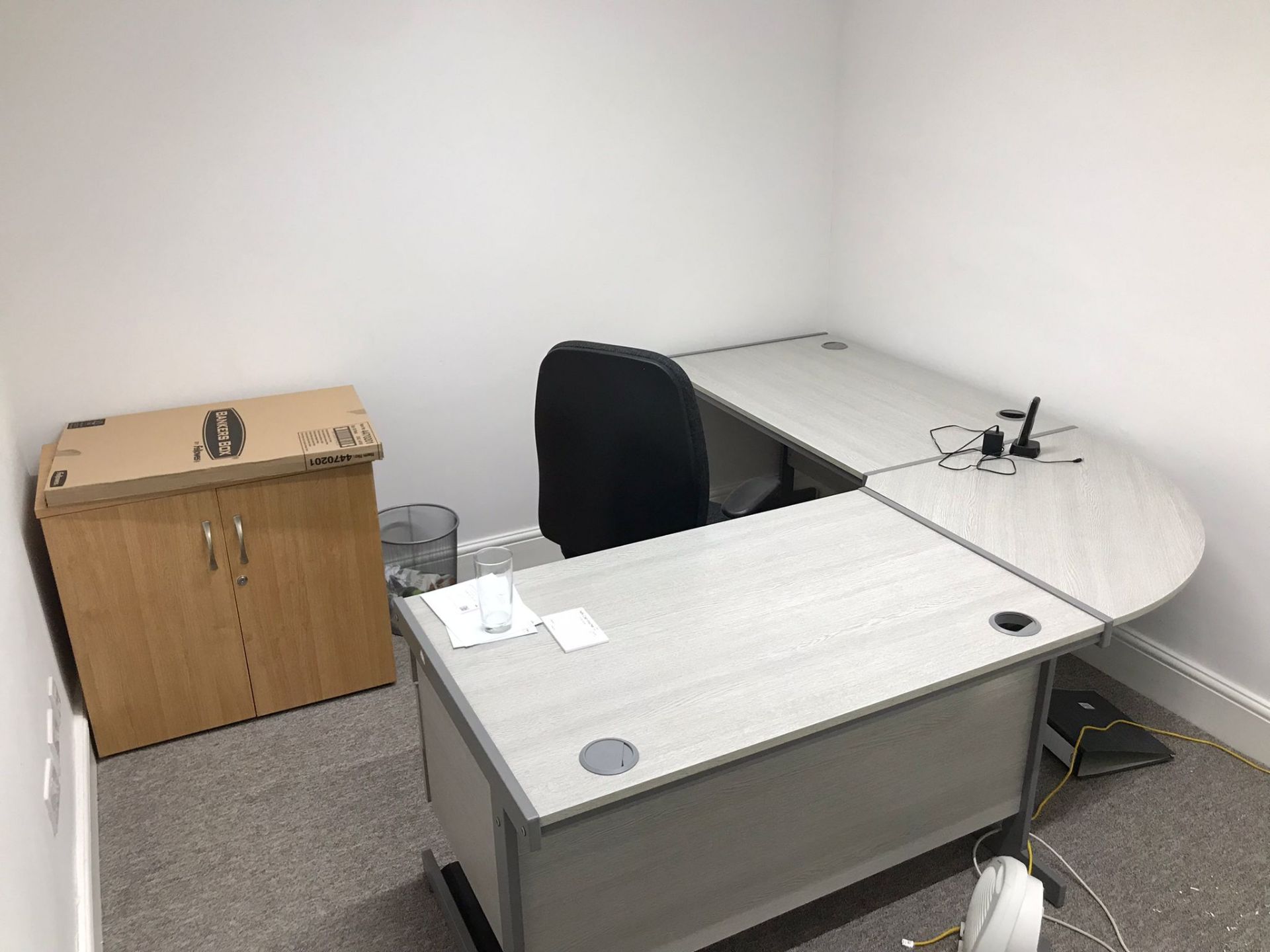 Corner desk, with swivel chair and 2 – small double door cupboards (collection from Chester)