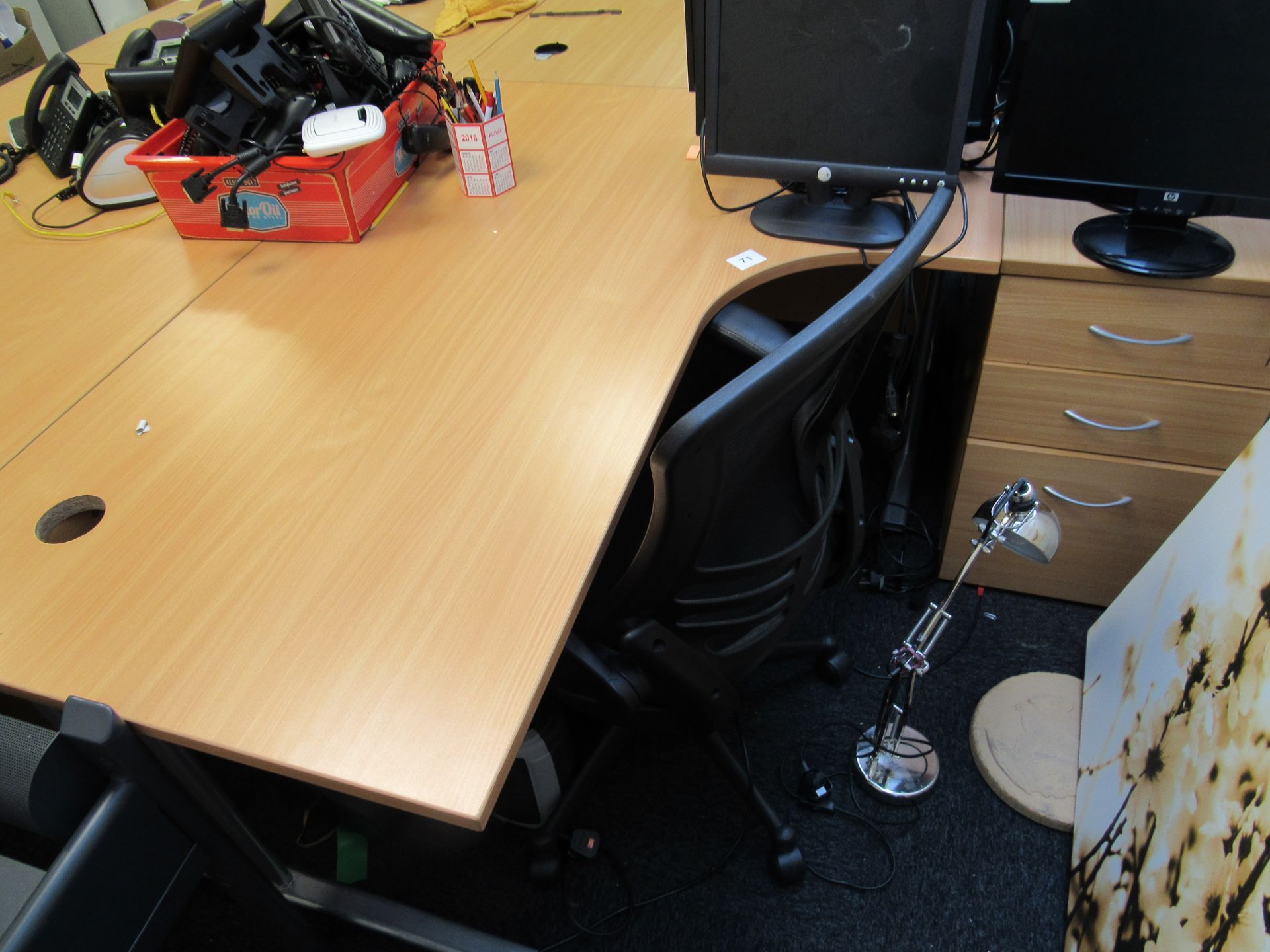 Right Hand Radius Beech Effect Desk with Chair and Desk High Pedestal – (Located in York)
