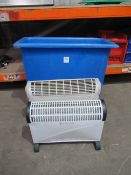 A Blue Plastic 4 Wheel Trolley and 2 x 240V Heaters