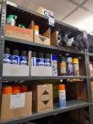 Contents to 3 shelves to include various aerosols, stencil spray, spatter release, line markers,