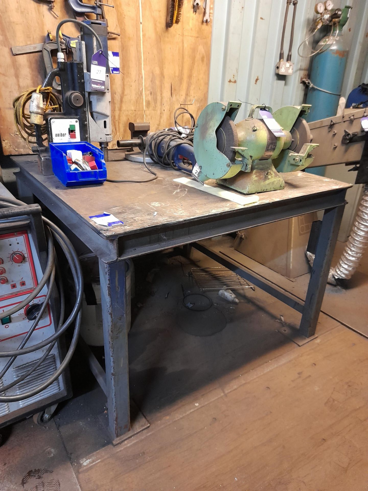 Welders fabricated workbench, 1100mm x 1100mm, with fabricated single door metal cupboard - Image 2 of 5