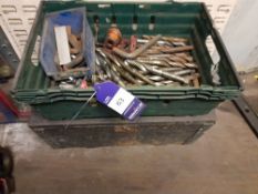 Various drills, reamers, allen keys to plastic & wooden crate