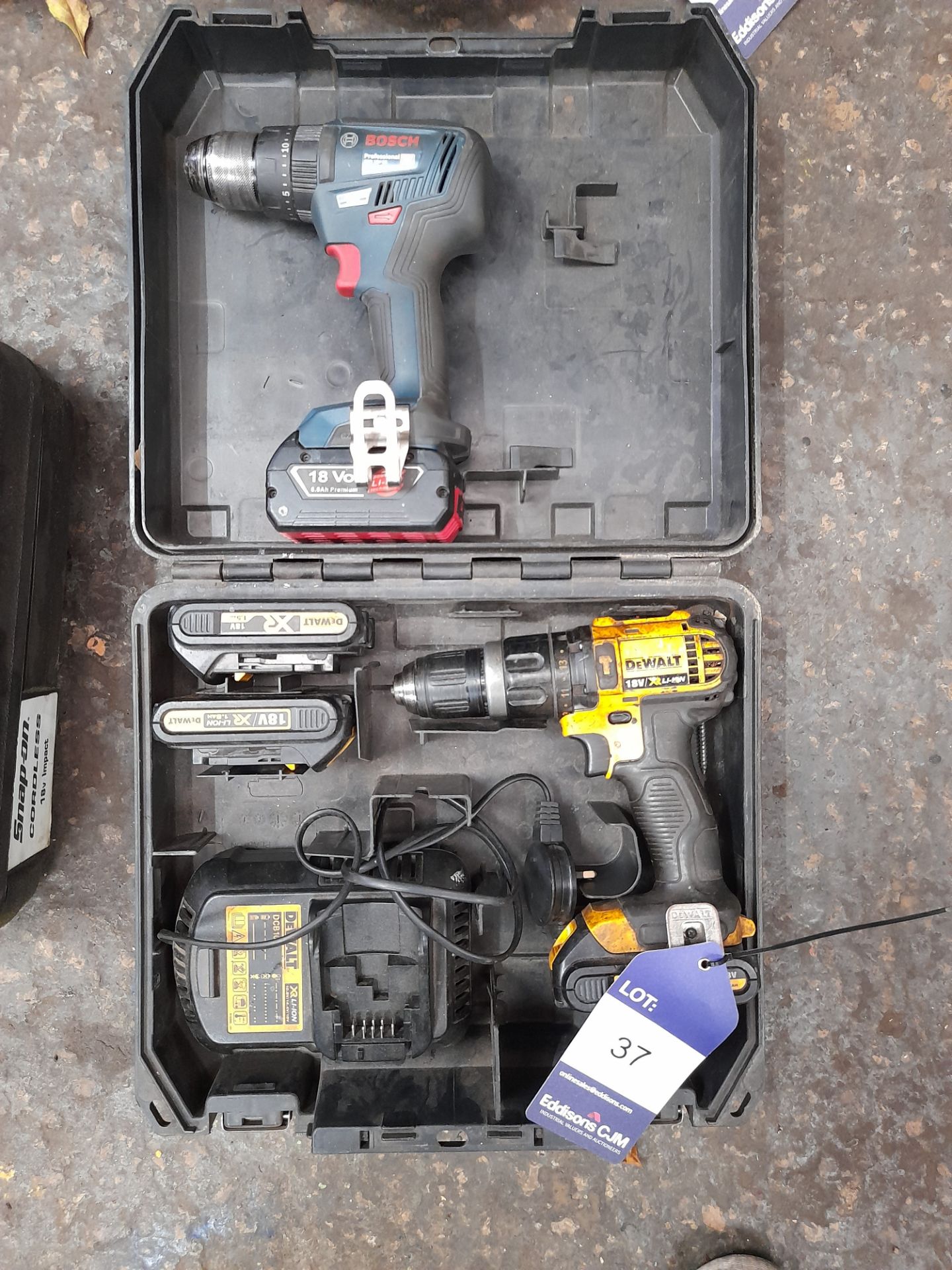 Dewalt 18v L1-TON drill, with 3 batteries & one charger, with case and Bosch GSB18V/55 drill, with