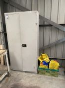 Metal double door cabinet & contents of lin bin & crates