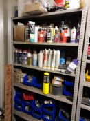 Rack & contents to include various fixings, clips, plastic clips, greases, silicones, oils etc