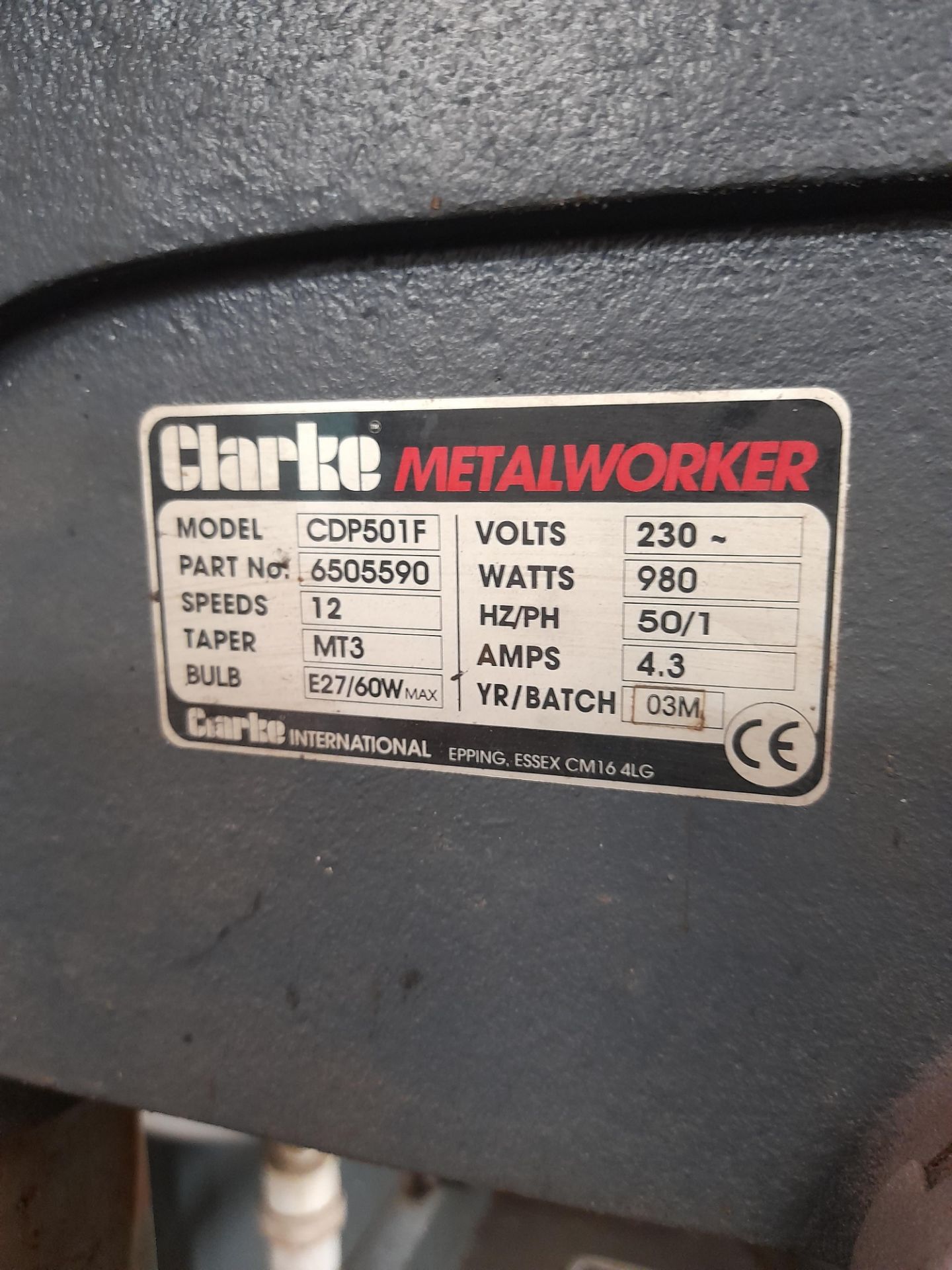 Clarke metalworker CDP501F pedestal drill, s/n 6505590, year 03, 240v, with engineers vice - Image 4 of 4