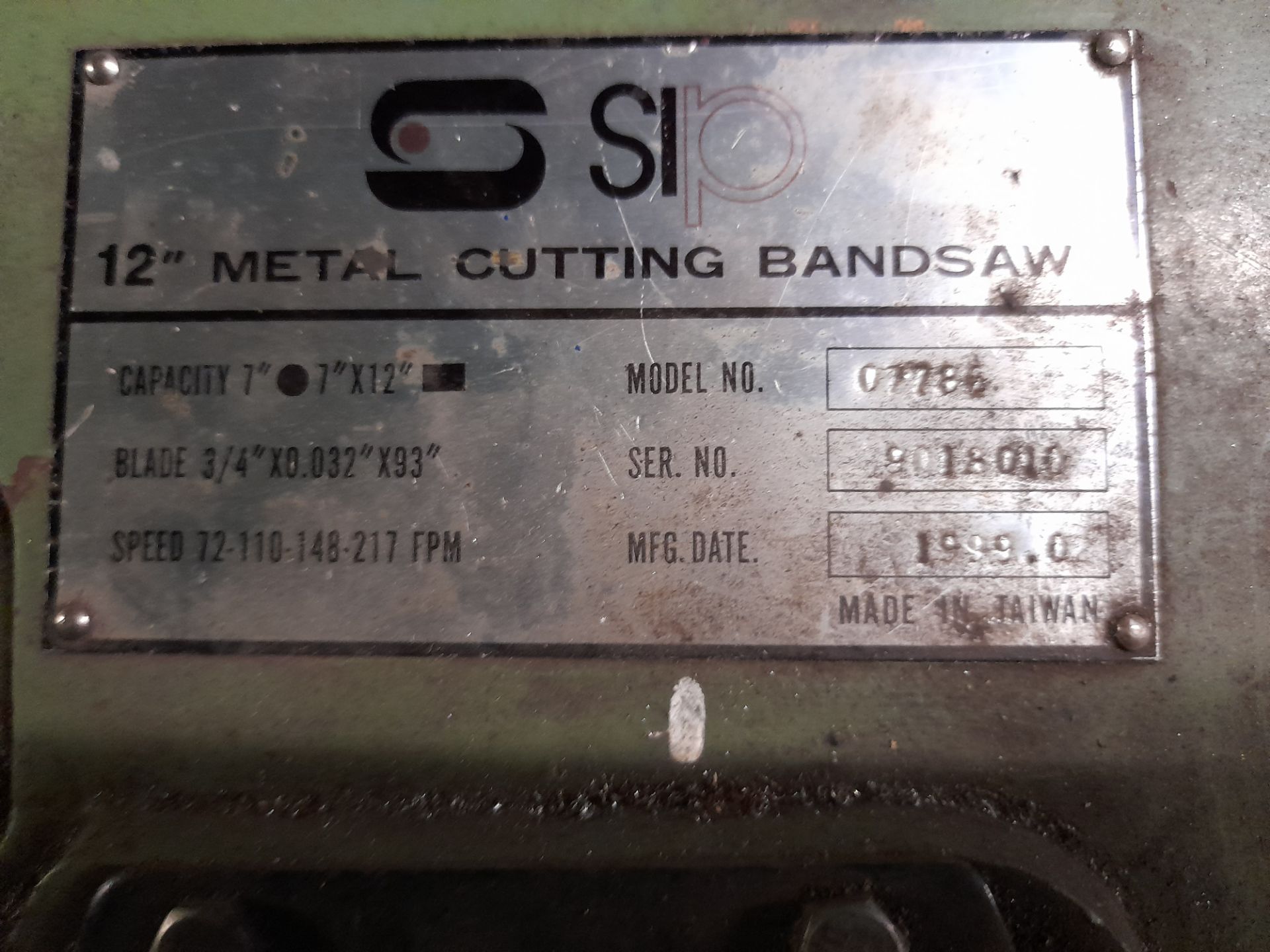 Sip 12" Model 07786 horizontal metal cutting bandsaw, s/n 9018010, year 1999, 240v - Image 3 of 3