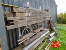 Steel stock rack and contents, to include various assorted timbers
