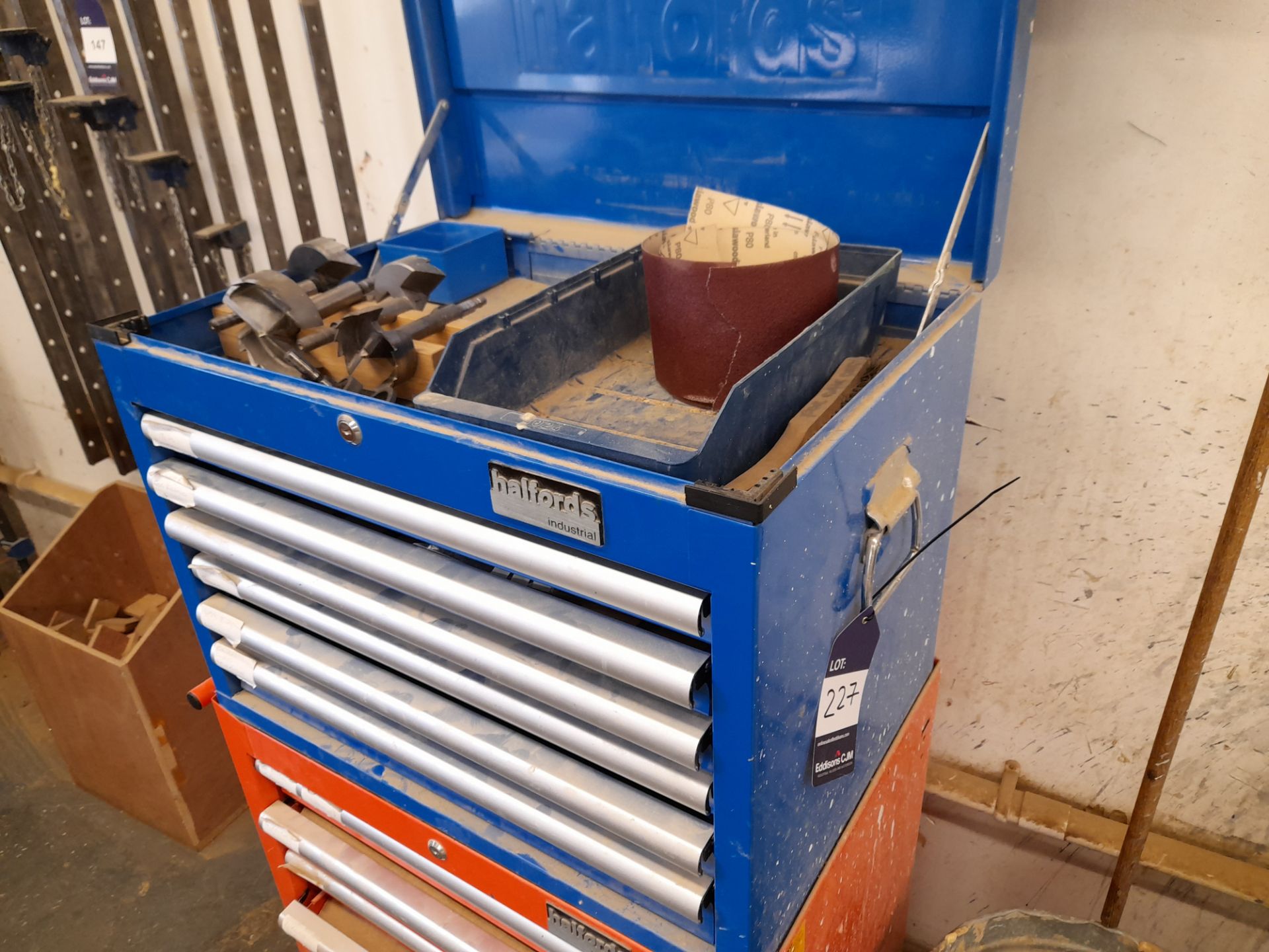 Blue Halfords Industrial toolbox and contents, comprising various tooling, including Forstner