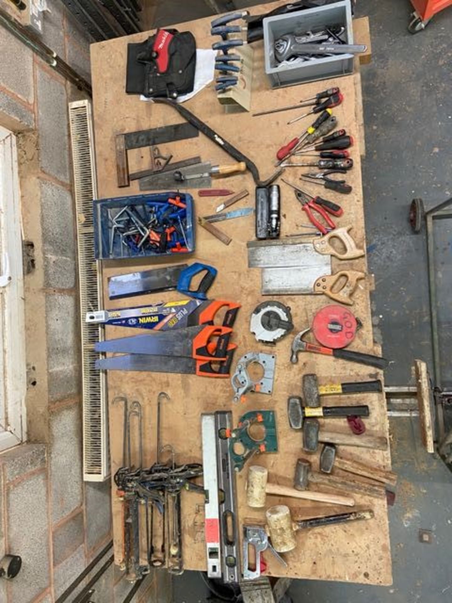 Assortment of woodworking hand tools, including various chisels, lump hammers, mallets, saws, tape - Image 3 of 3