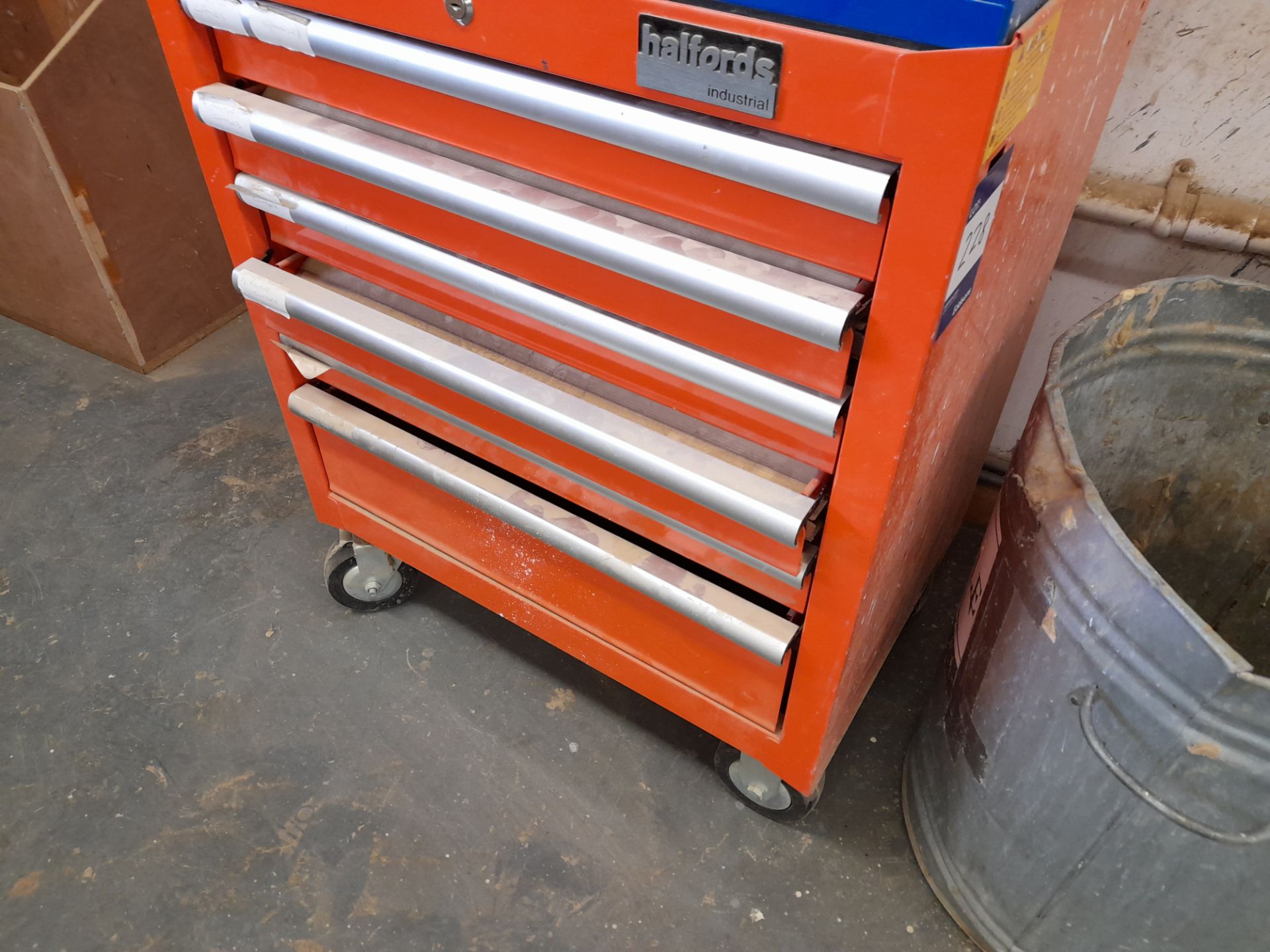 Red mobile Halfords toolbox and contents, comprising various routing tooling