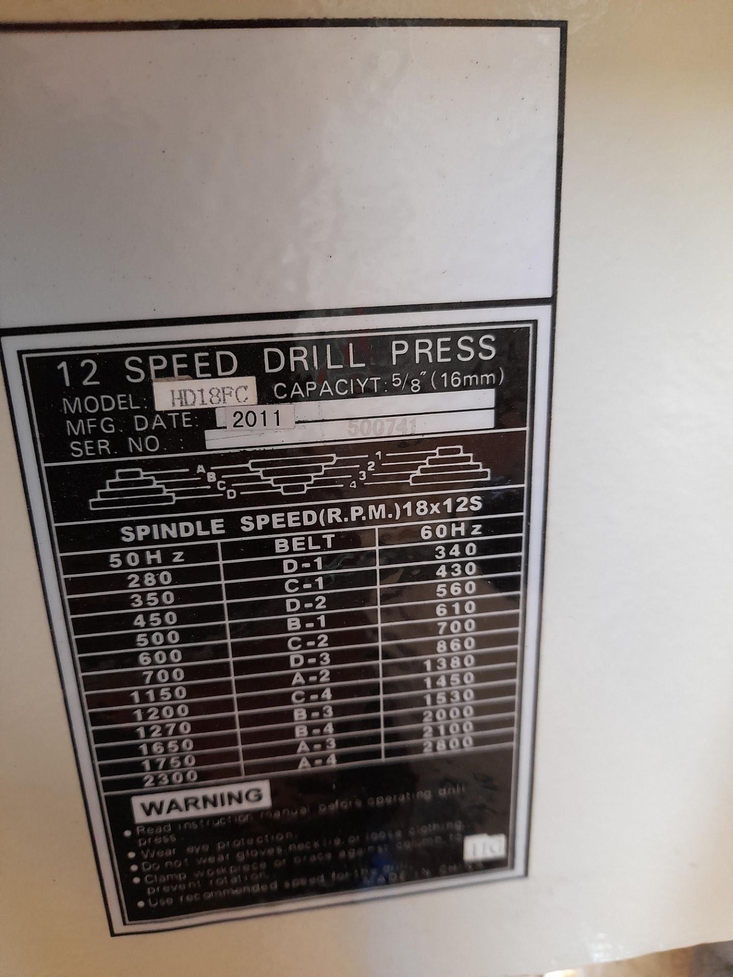 Axminster HD18FC 12 Speed Drill Press (Serial Number 500741, 2011) - Image 5 of 5