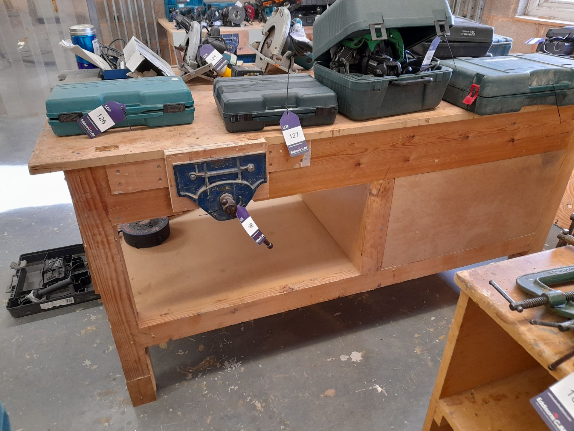 Timber Constructed workbench (2.1m x 900m), including 2 x Record vices