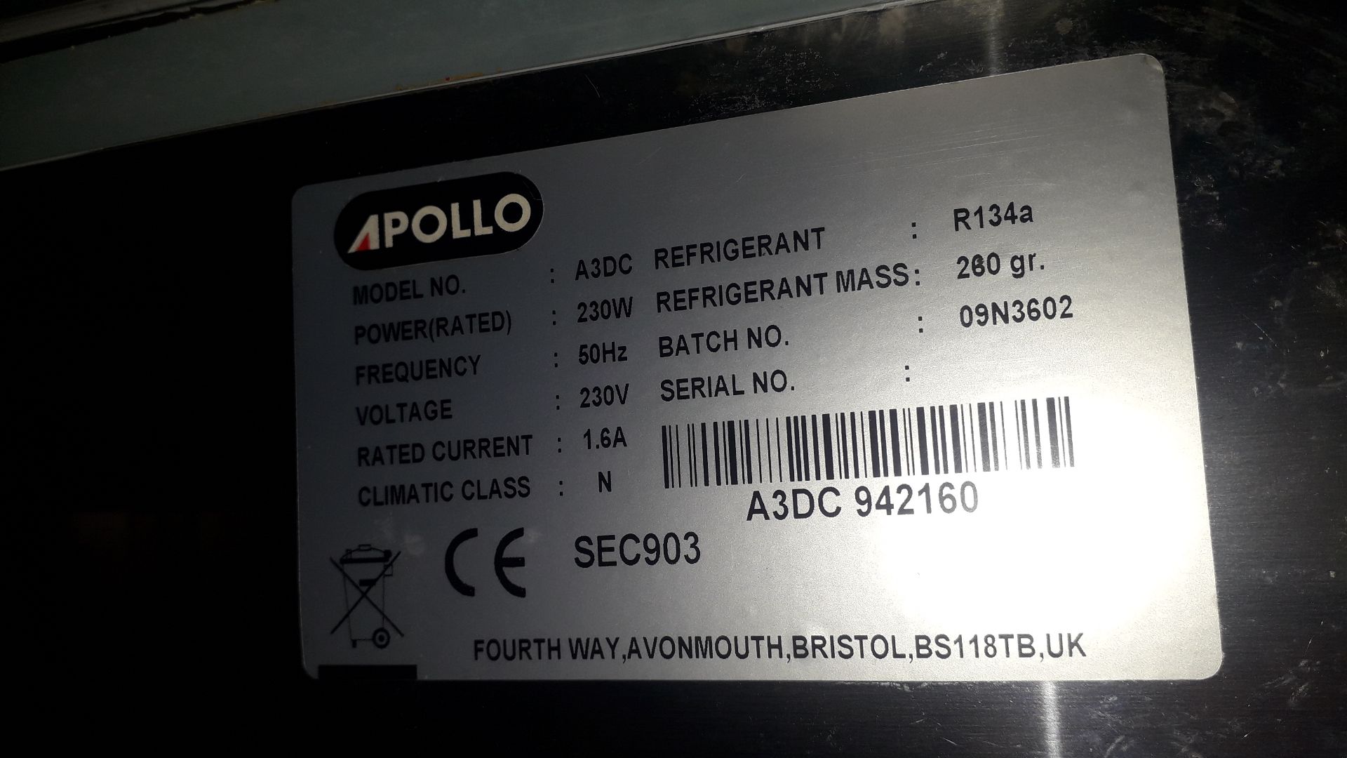 Apollo A3DC Stainless Steel Three Door Counter Refrigerator Serial Number A3DC942160 - Image 3 of 3