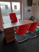 Single pedestal desk, swivel chair and 2 – arm chairs