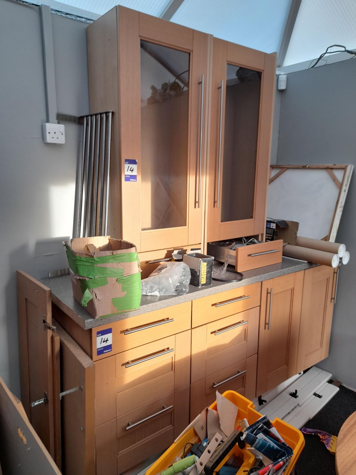 Large quantity of kitchen units & worktop, to include integrated fridge and freezer etc.