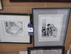 4 x Comedic Artworks, One French Print of Court Scene, a Cartoon, a pint of 'Lame Horse' and Gaskill