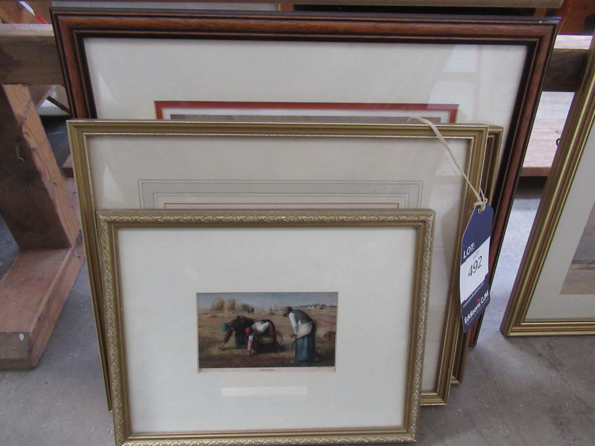Four Framed Pieces of Art Depicting Field Workers, Coast Scene, Dinner Party Scene etc (Largest 26cm
