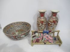 Pair of Chinese Vases, Large Bowl and Lady Figure (a/f) (25.5cm vase/11.5cm x 25.5cm bowl)