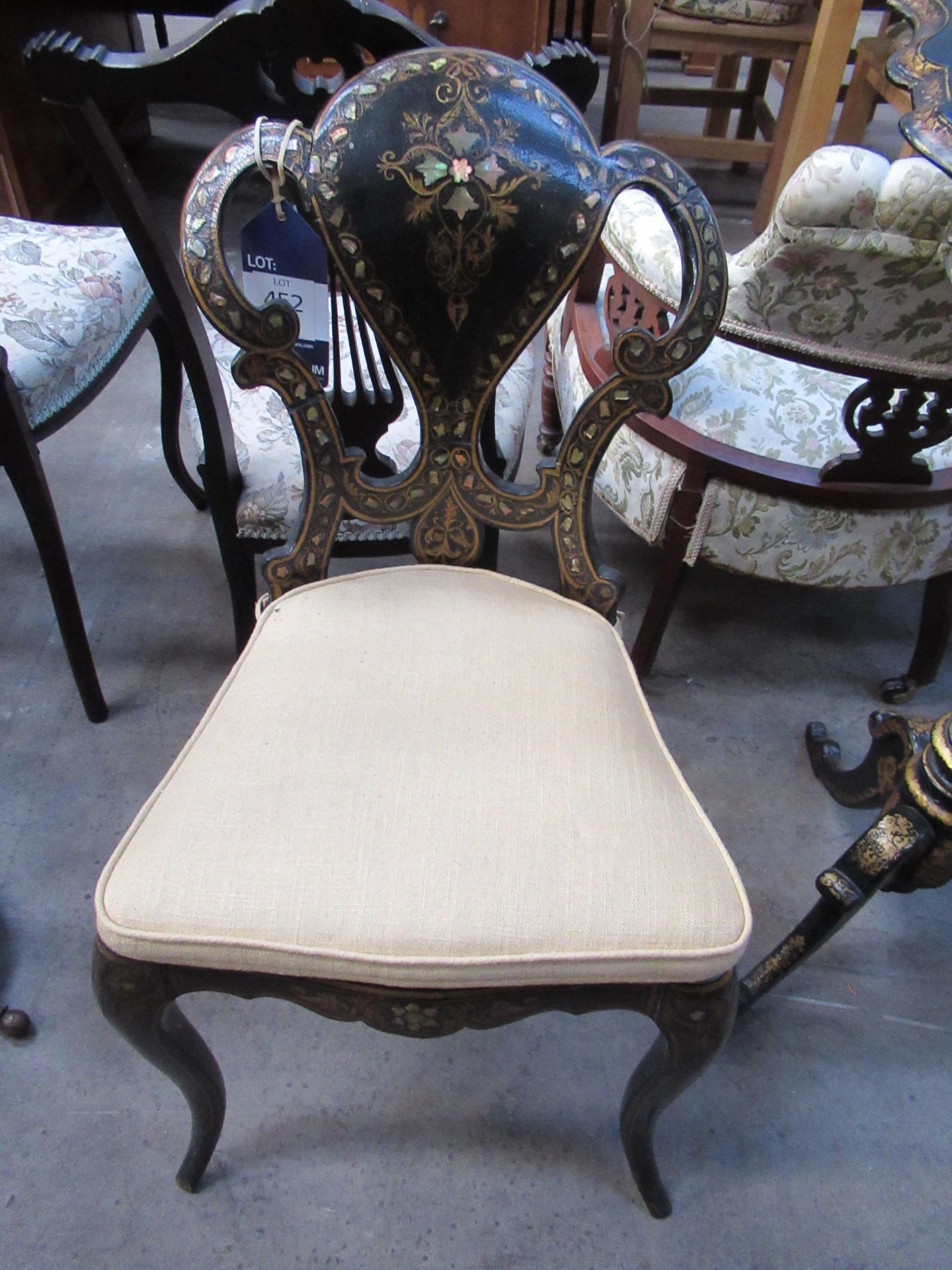 T.H Jennings Papier-mâché Victorian Chair with Papier-mâché Lacquered Gilded Tilt Top Table with Mot - Image 3 of 3