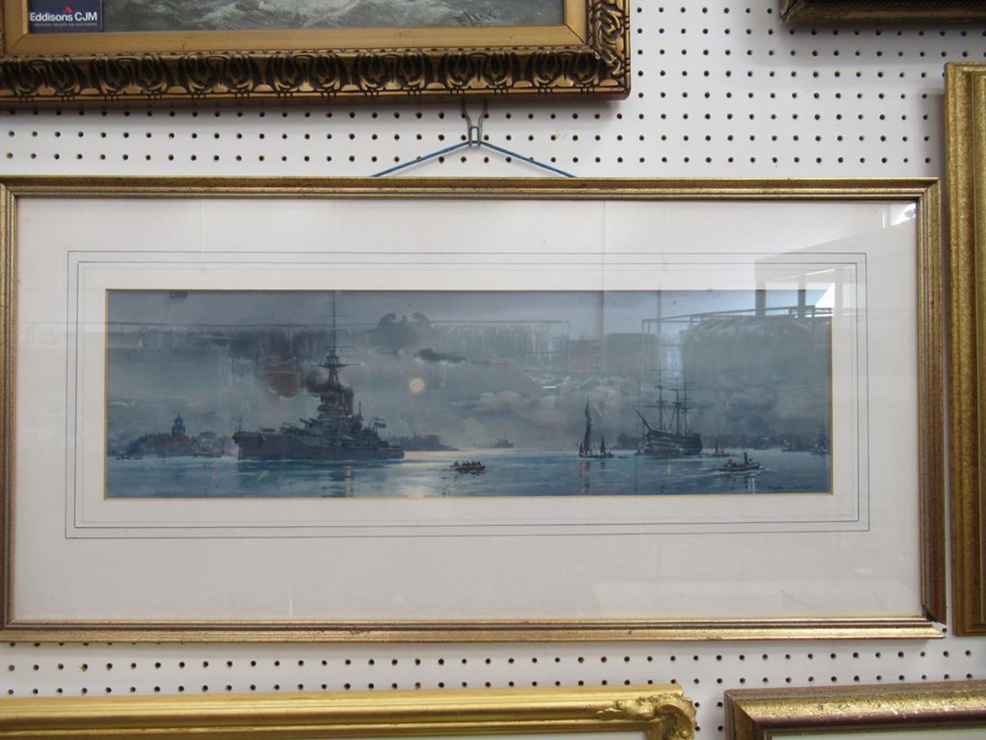 'Naval Sail & Steam' Water Colour signed Frank Wood in Frame behind Glass (59cm x 16.5cm)