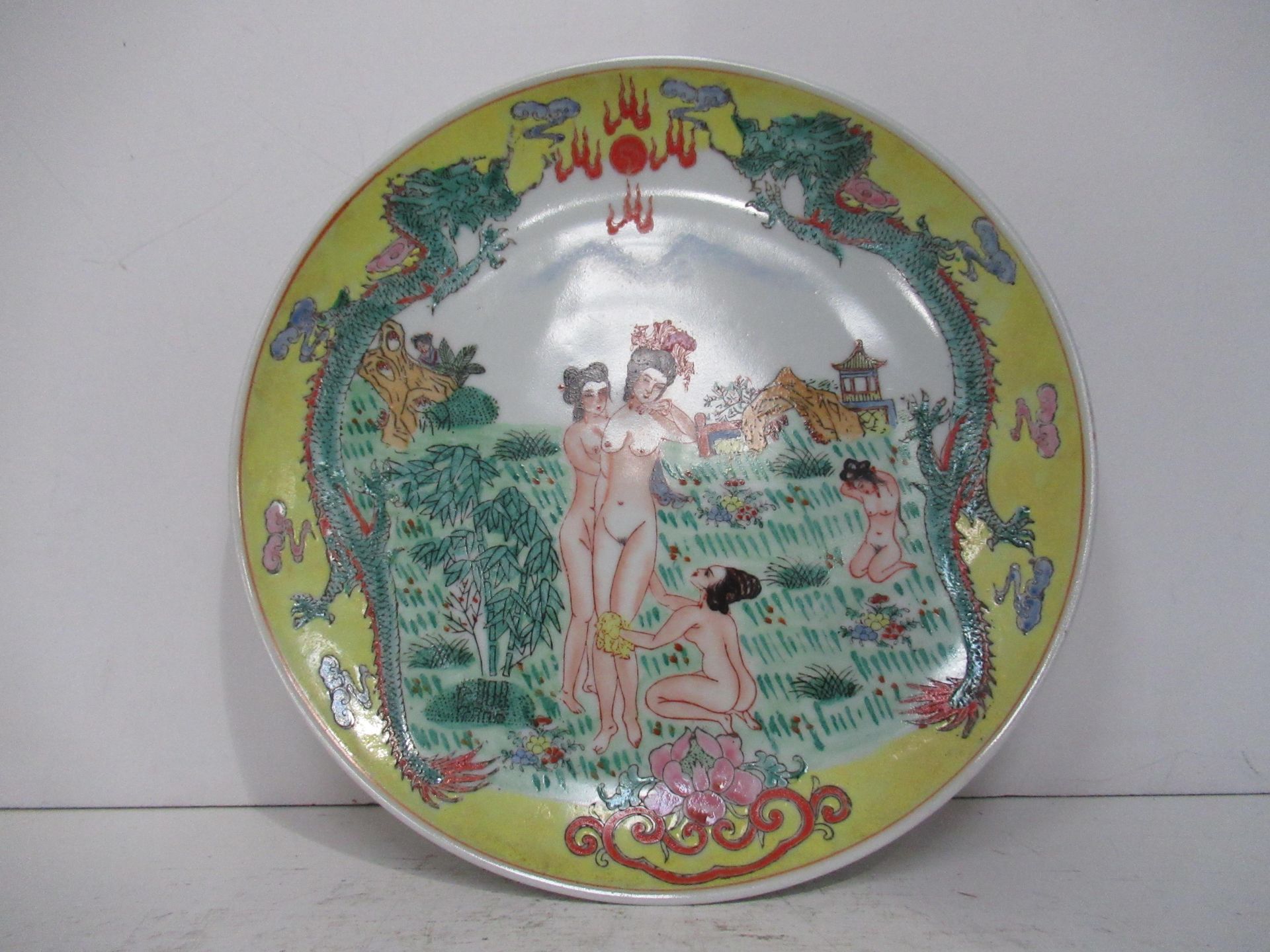 Three Chinese Plates- Including Nude Woman Plate, Two dishes and Teacup with Lid (largest plate 31.5 - Image 8 of 20