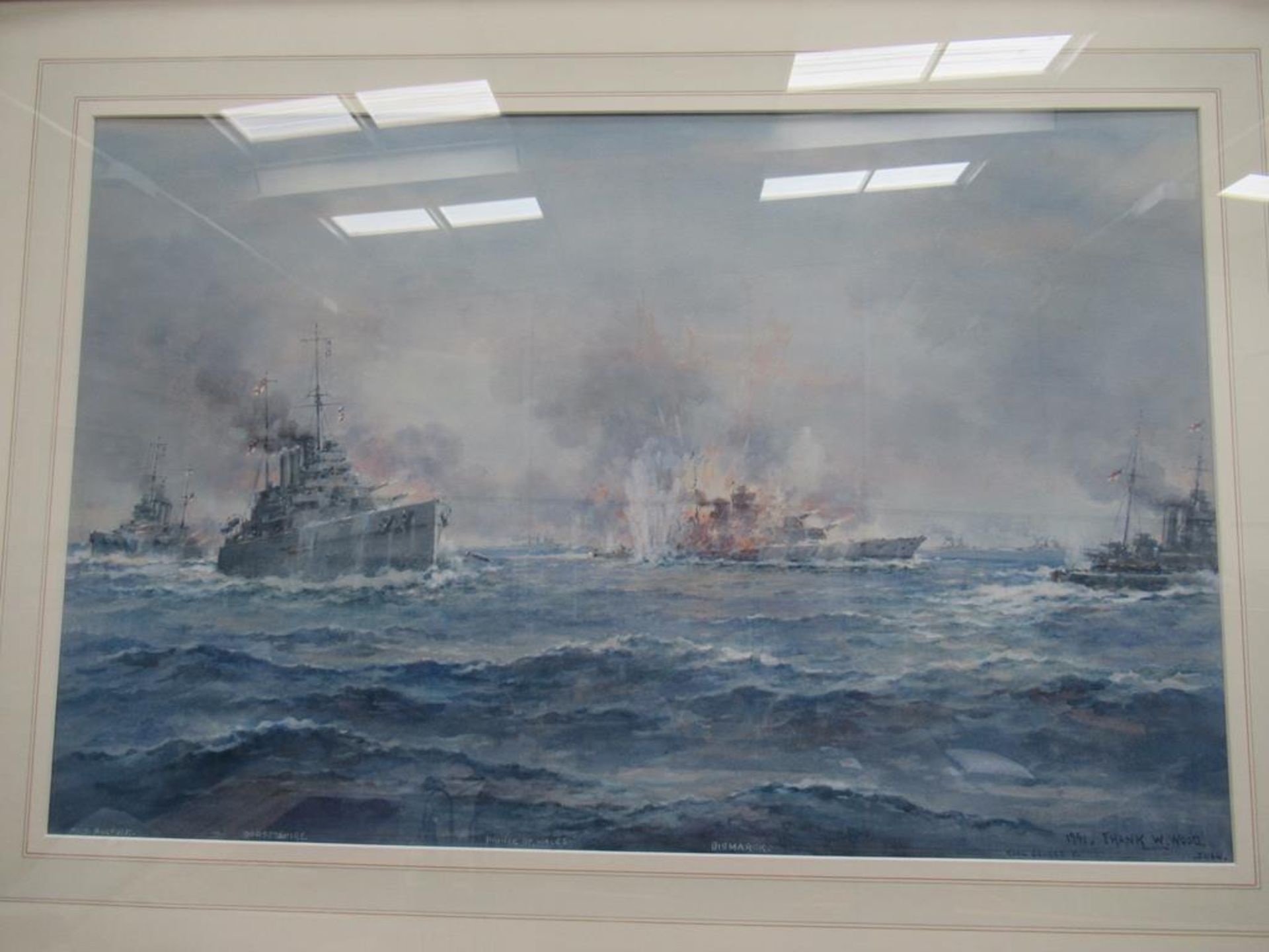Water Colour 'The End of the Bismarck' signed and dated by Frank Wood 1941 (47cm x 73cm) - Image 2 of 3