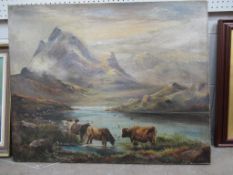 Oil Canvas of Cattle in Highland by Unknown Artist (76cm x 61cm)