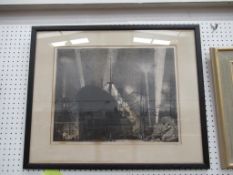 Lithograph WW2 Scene with Shipyard illuminated by AA Floodlights signed both in Pencil and on the Pl