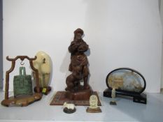 Oriental Themed Lot including small Rug, Bell, and Oriental Figure